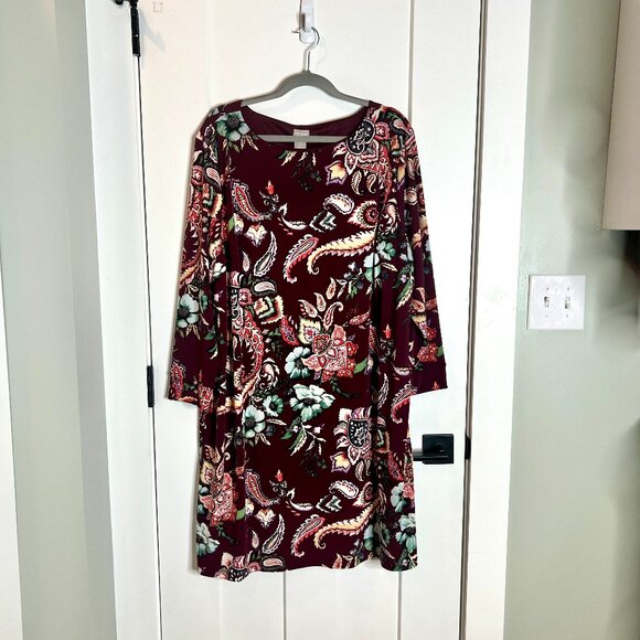 Chico's Burgundy Moody Fall Florals Shift Dress Lined Long Sleeve Size 4/XXL - Picture 1 of 4